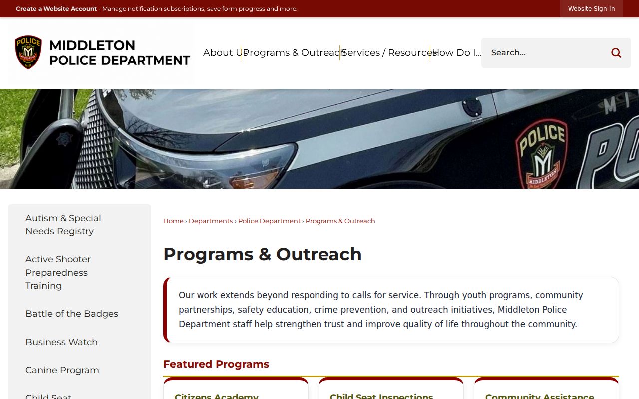 Middleton Police programs and outreach page for neighborhood district contacts