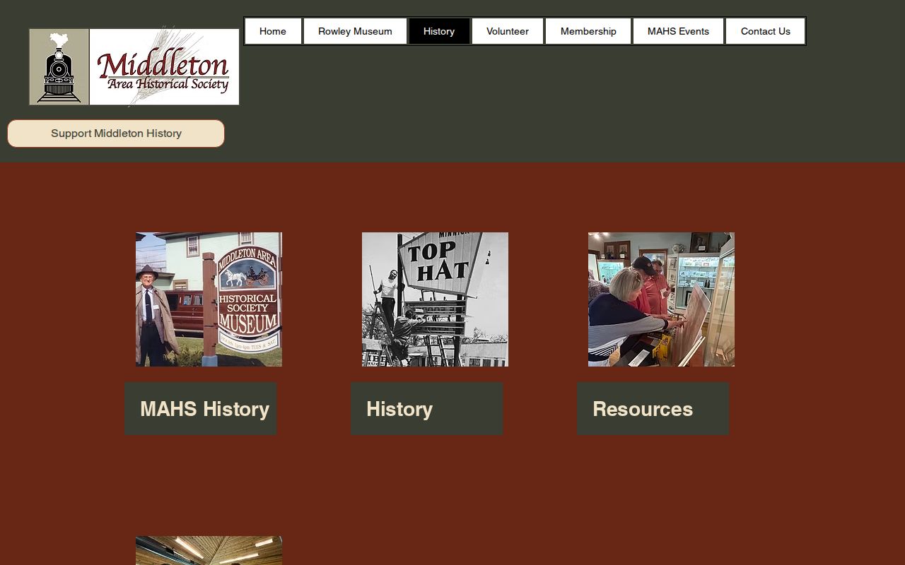 Middleton Area Historical Society history page for Rowley House Museum research
